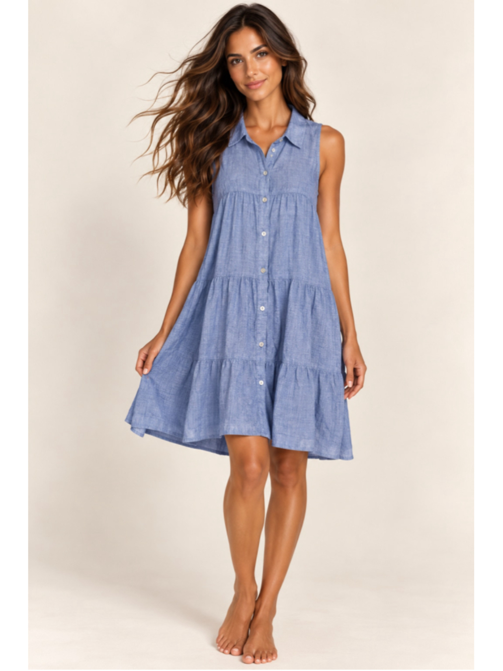 Entro Linen Button Front Mini Dress Tiered Chambray Beach Vaca Coastal Nautical